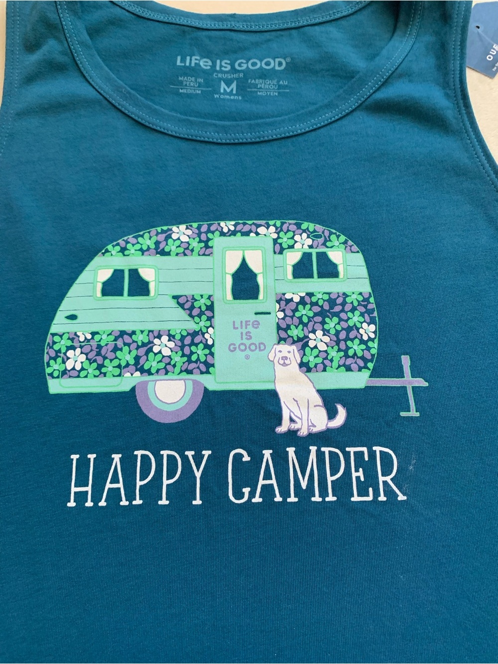 LIFE IS GOOD 100% cotton Persian blue “HAPPY CAMPER” crusher tank size mediumNWT - Picture 2 of 11